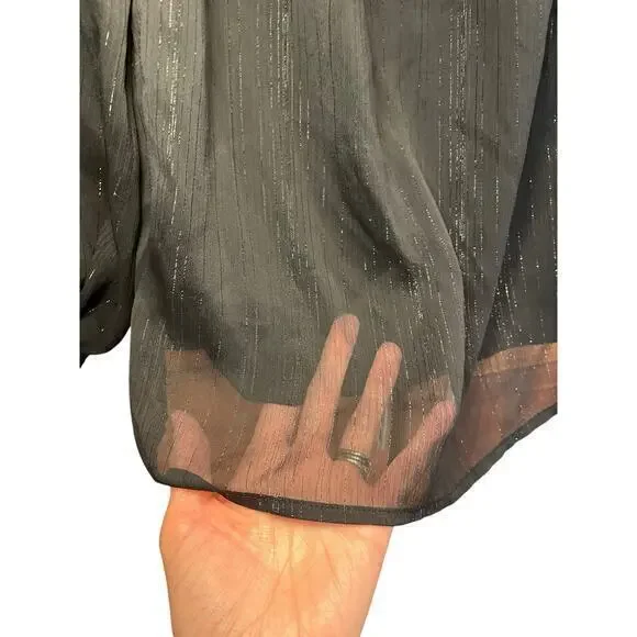 WAYF x BFF Sarah Silver Metallic & Black Off the Shoulder Top Sheer Long Sleeves - Picture 12 of 12